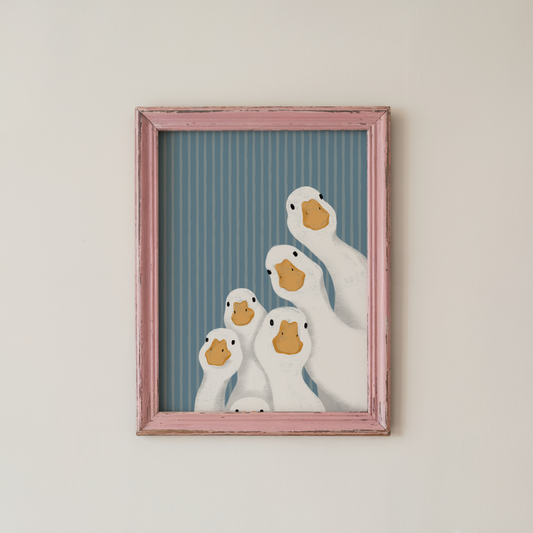 Goose Wall Art Print, Funny Farmhouse Blue Striped Decor