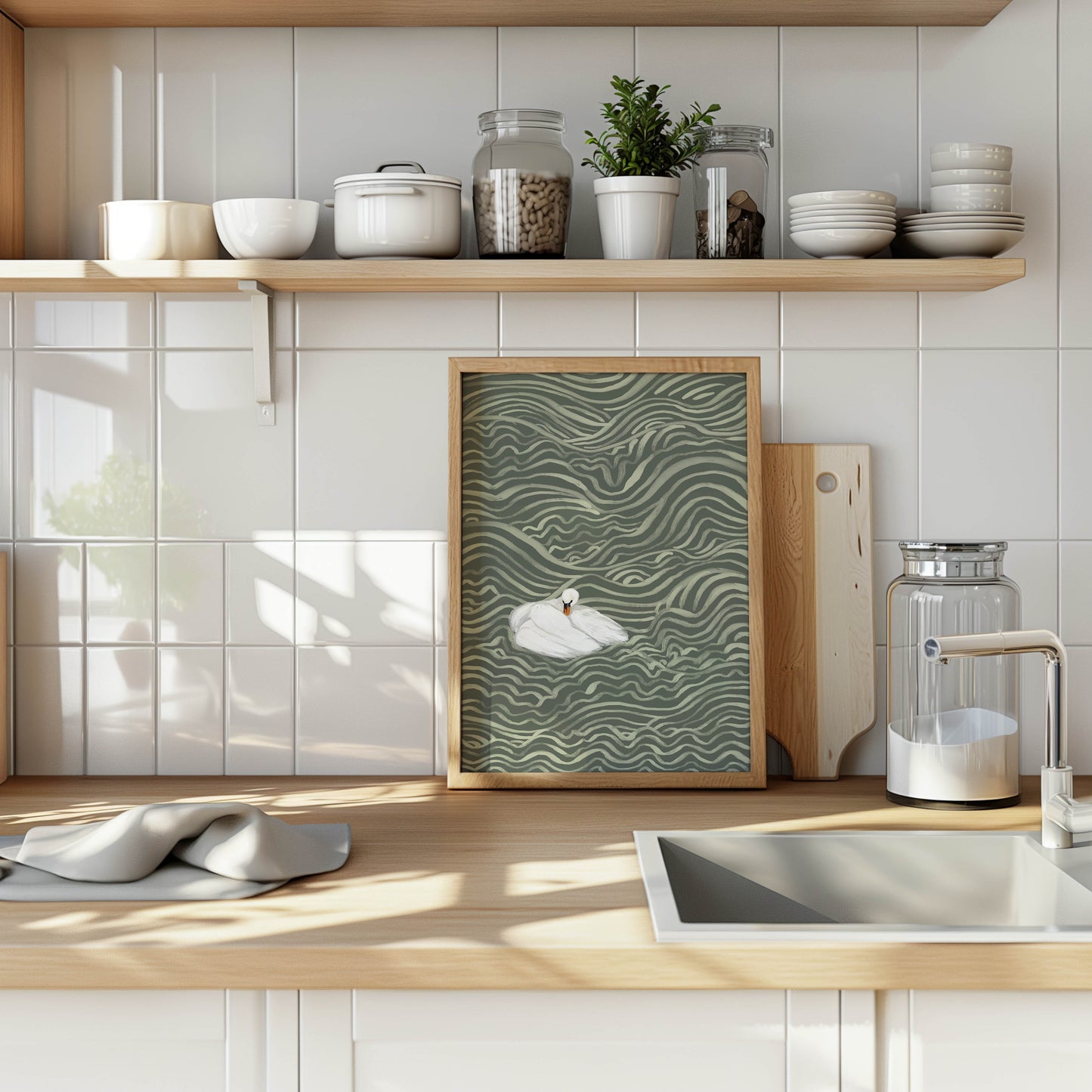 Swan in Sage Waves Art Print