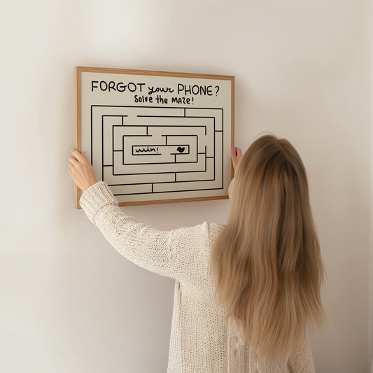 minimalist maze poster displayed on shelf in modern interior