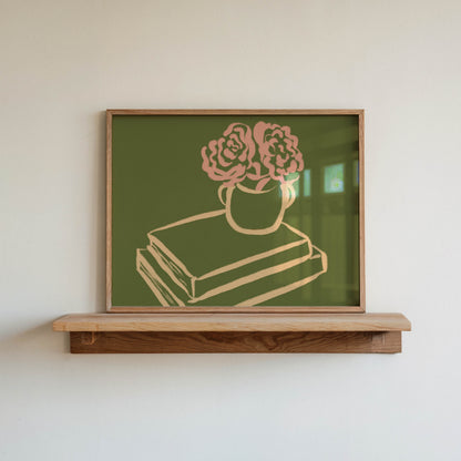 Pink Flowers & Books Art Print