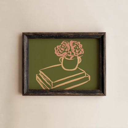 Pink Flowers & Books Art Print