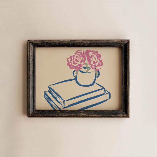 Pink Flowers on Books Art Print