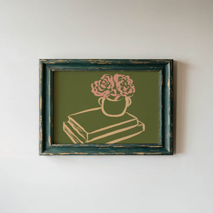 Pink Flowers & Books Art Print