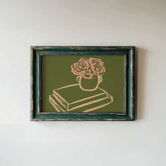 Pink Flowers & Books Art Print