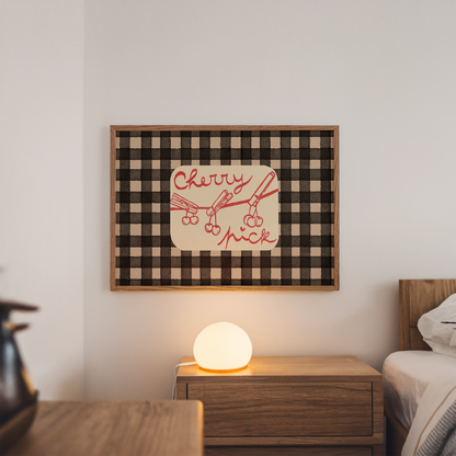 Kitchen Wall Art Print Cherry Pick Retro Checkered