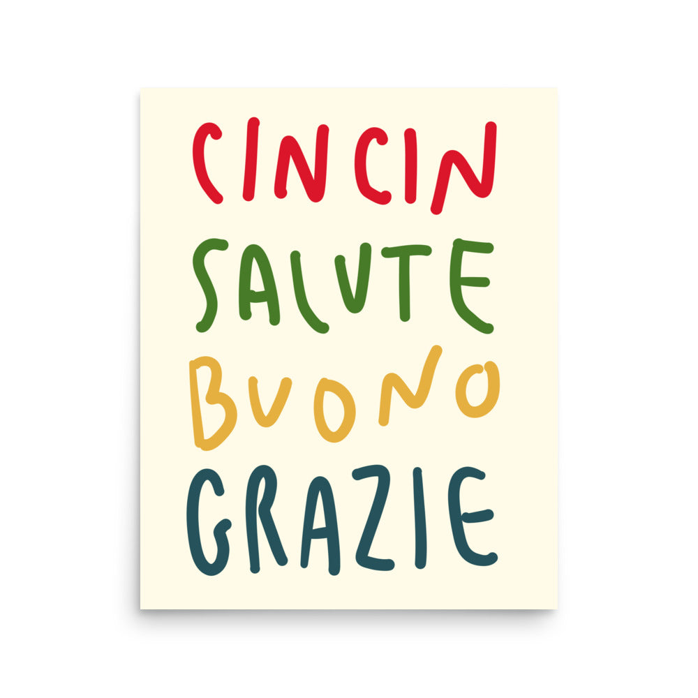 Italian typography poster with Cin Cin, Salute, Buono, Grazie in colorful handwritten style