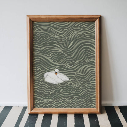 Swan in Sage Waves Art Print