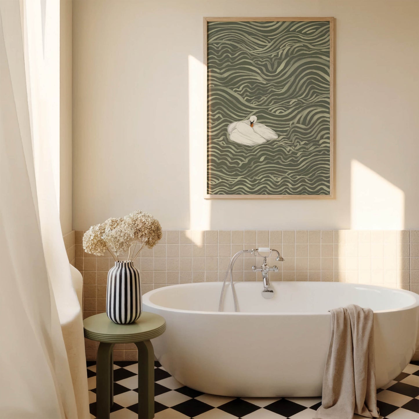 Swan in Sage Waves Art Print