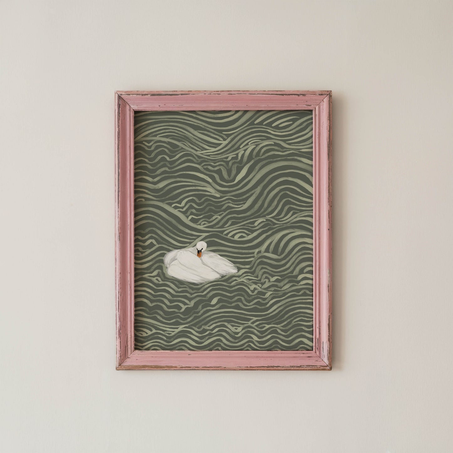 Swan in Sage Waves Art Print