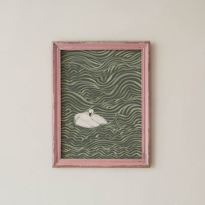 Swan in Sage Waves Art Print