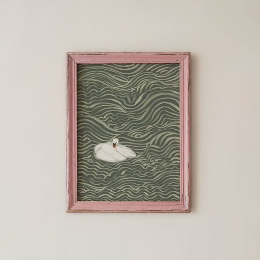 Swan in Sage Waves Art Print