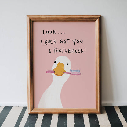 Funny Duck Toothbrush Bathroom Print