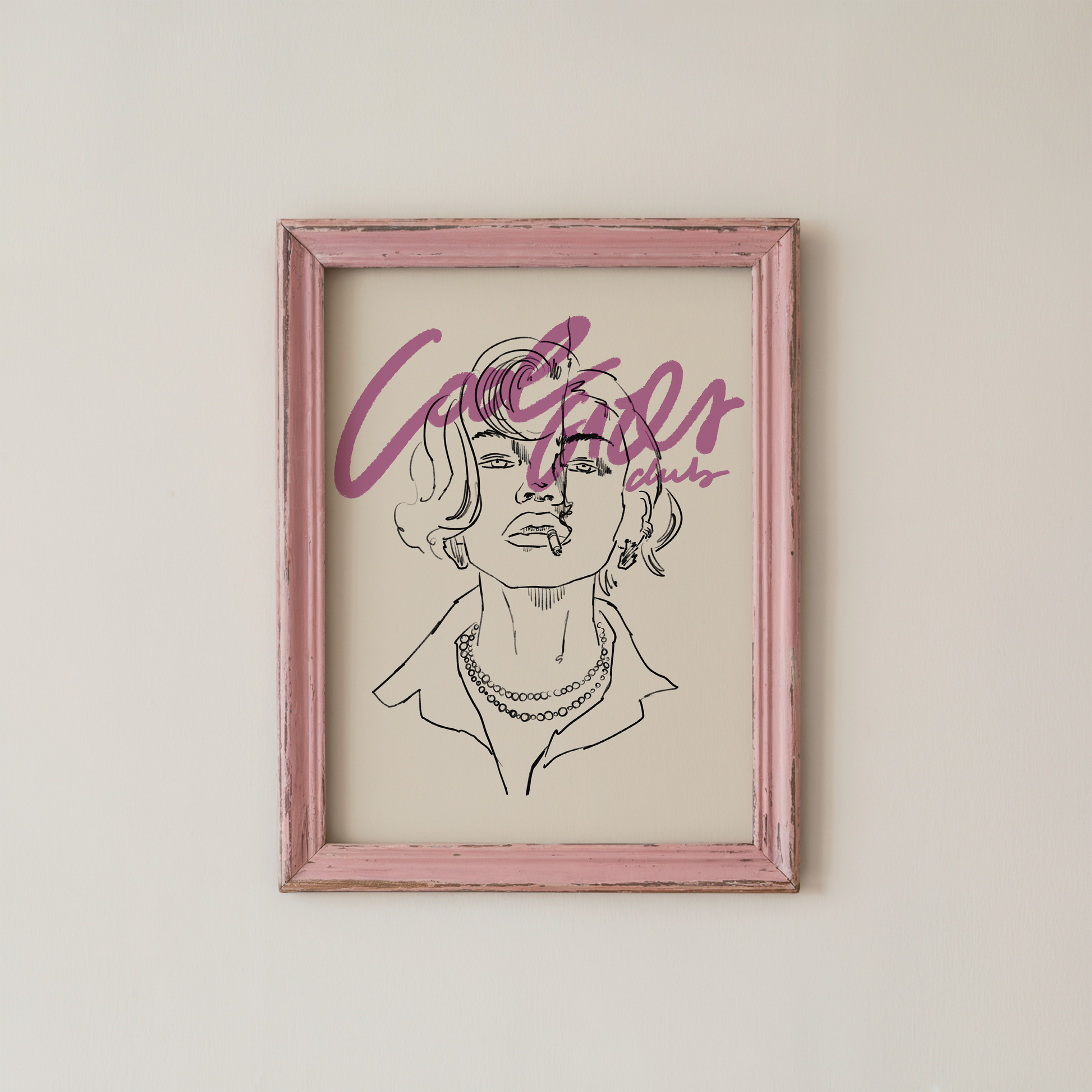 Female Line Art Poster Minimalist Pink Script Portrait