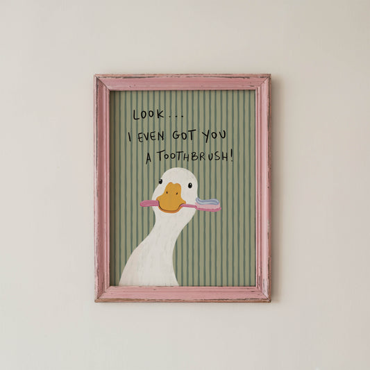 Duck With Toothbrush Bathroom Print