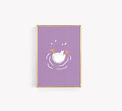Playful goose poster on pastel purple background with an upside-down goose floating, fun wall art print