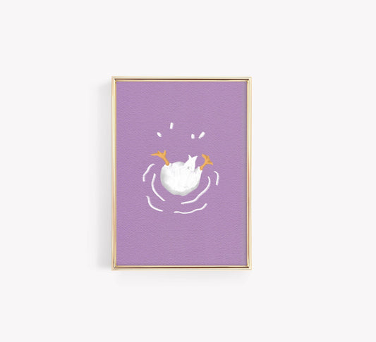Playful goose poster on pastel purple background with an upside-down goose floating, fun wall art print