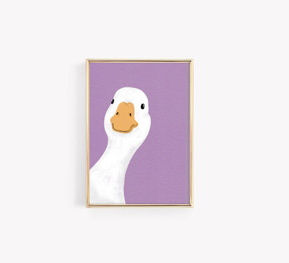 Minimalist duck poster wall art on lilac background, modern playful print