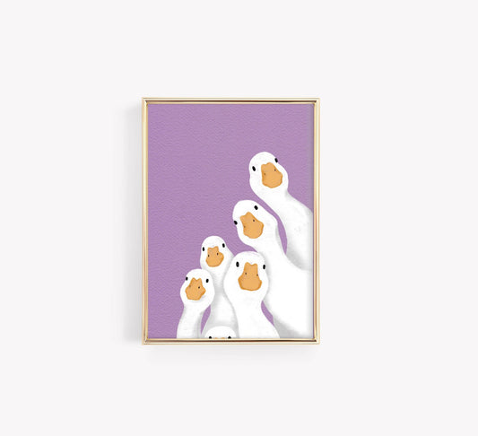 Duck group poster on lilac background – minimalist wall art print