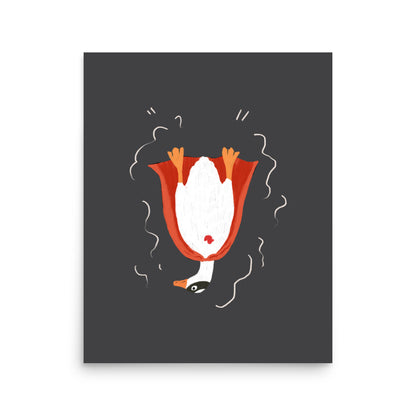 Funny superhero duck poster – upside down duck in red cape illustration, quirky wall art print