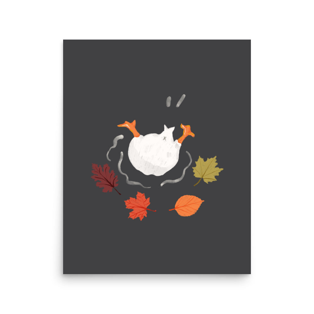 Falling goose autumn poster – white goose upside down with colorful fall leaves illustration, funny seasonal wall art print