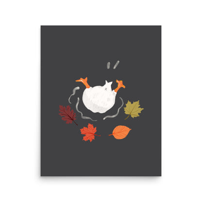 Falling goose autumn poster – white goose upside down with colorful fall leaves illustration, funny seasonal wall art print