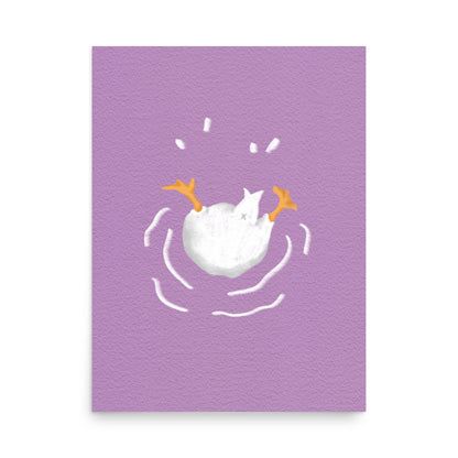 Upside-down goose poster on purple background with white goose legs up, playful unframed wall art print
