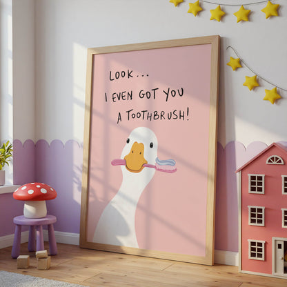 Funny Duck Toothbrush Bathroom Print