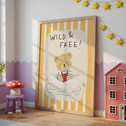 Wild & Free Bear Paper Boat Nursery Print